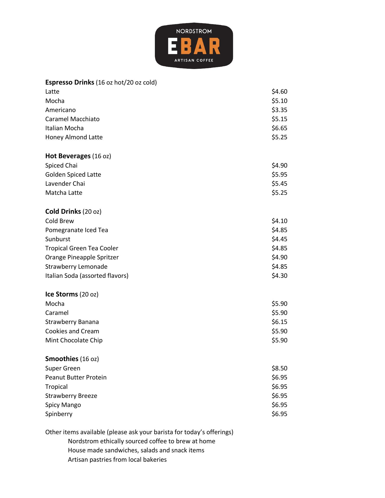 Nordstrom Ebar Artisan Coffee Menu