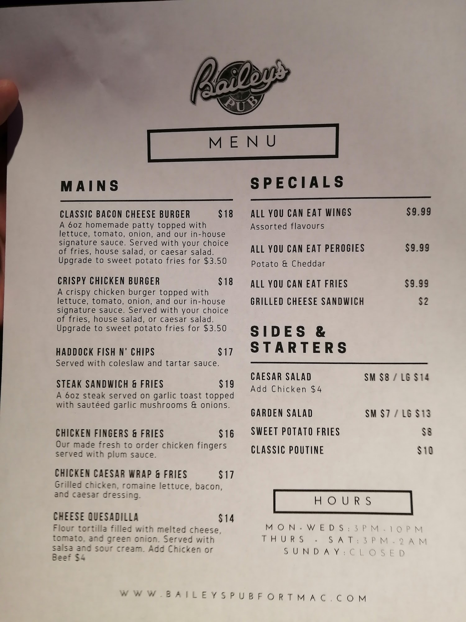 Bailey's Pub Menu