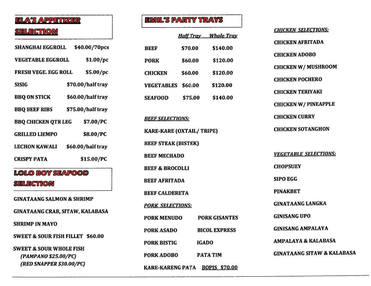 Eldric's Restaurant Menu