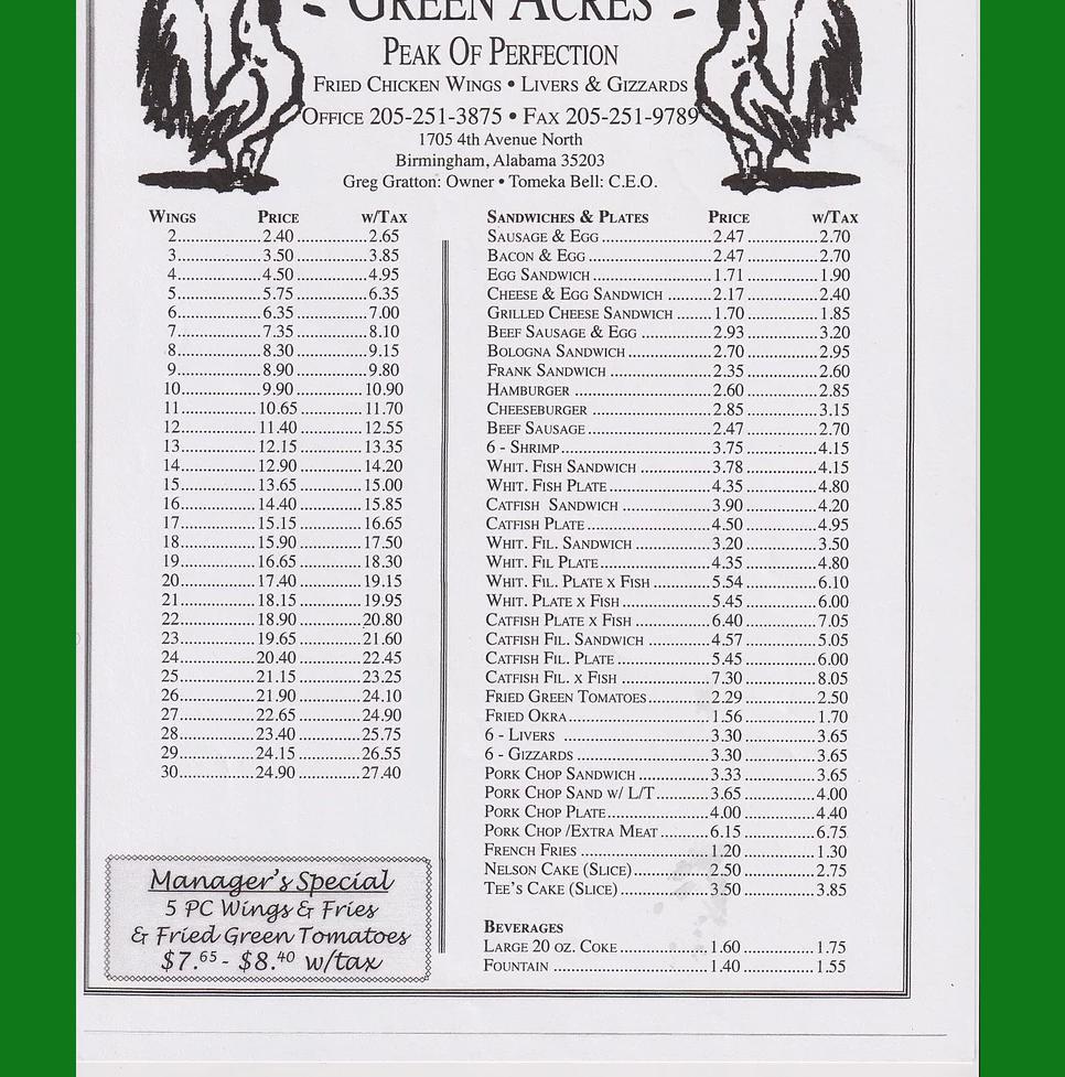 Green Acres Cafe Menu