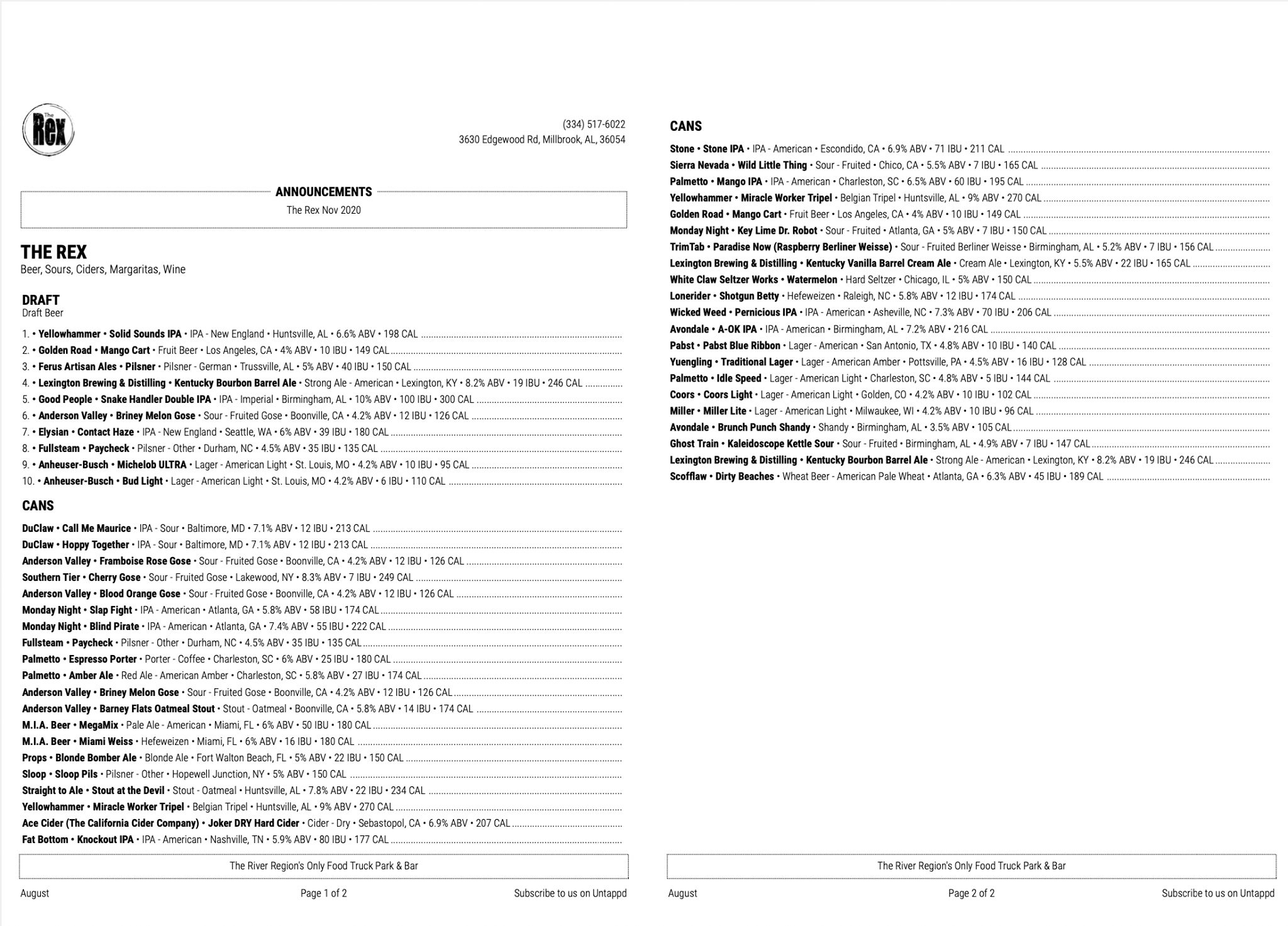 The Rex - Food Truck Park & Bar Menu