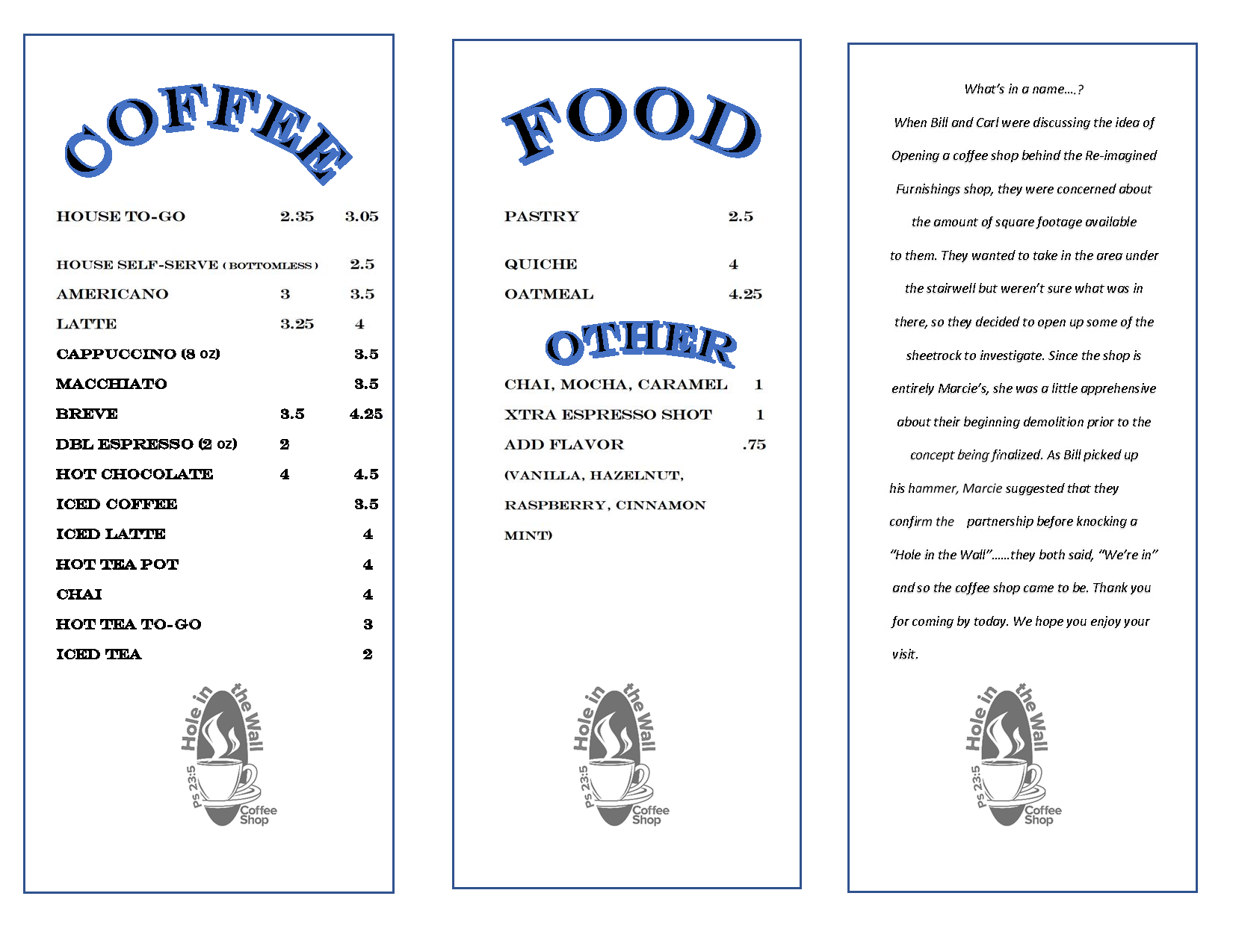 Hole in the Wall Coffee Shop Menu