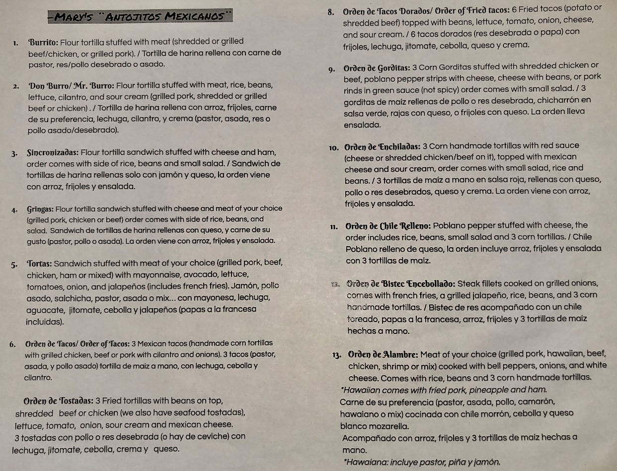 Mary's Antojitos Mexicanos Menu