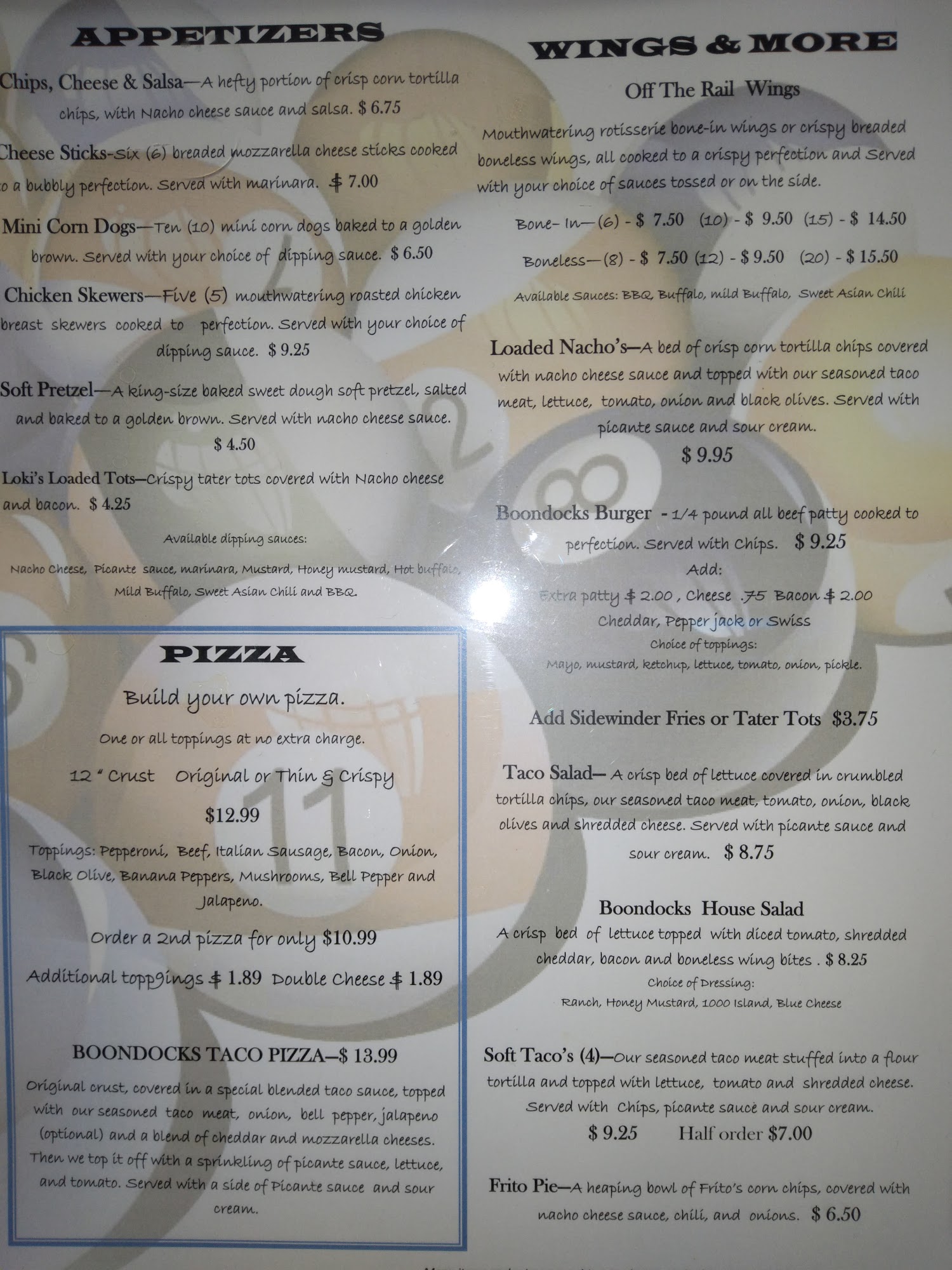 Boondocks Billiards Menu