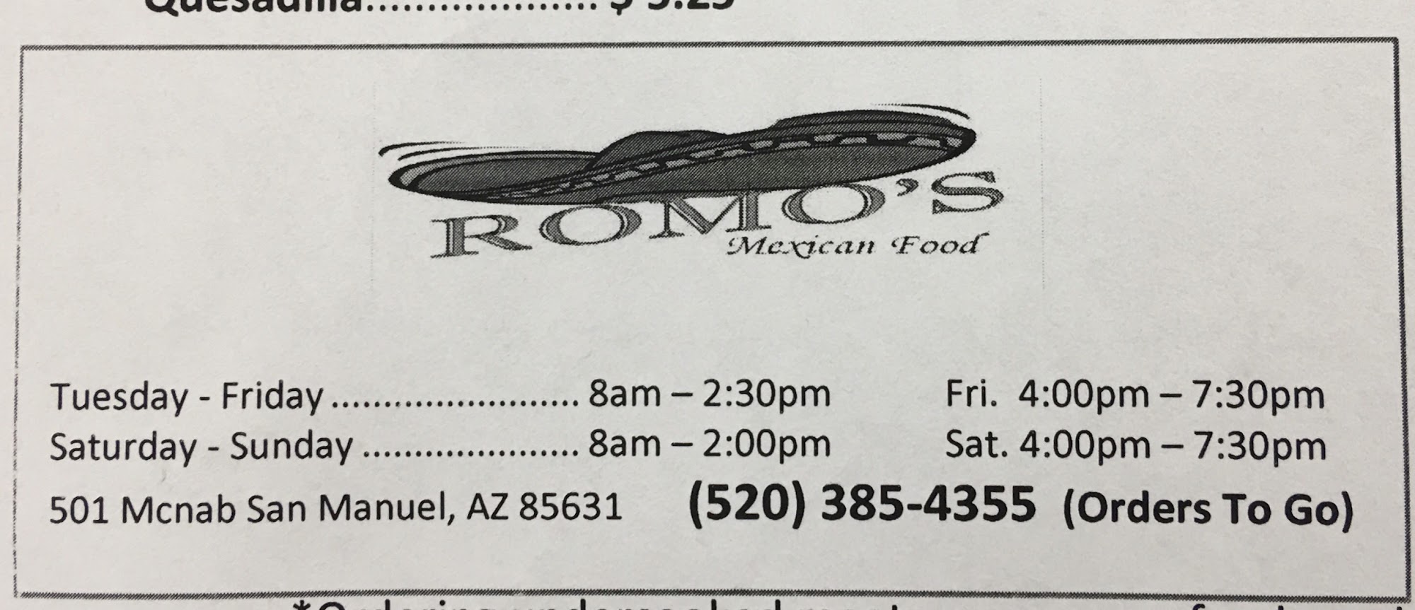 Romo's Mexican Food Menu