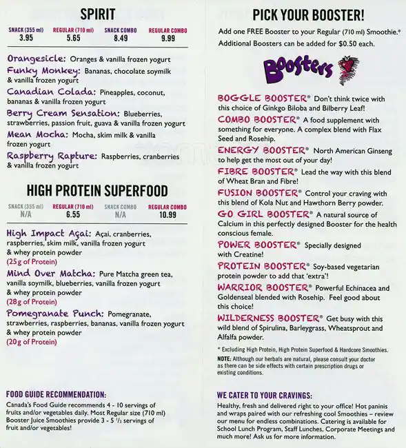 Booster Juice Menu
