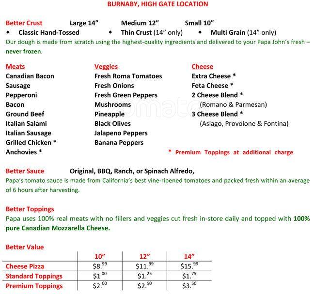 Papa Johns Pizza Menu