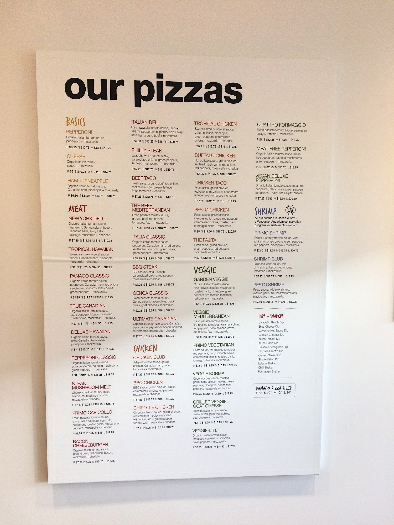 Panago Pizza Menu