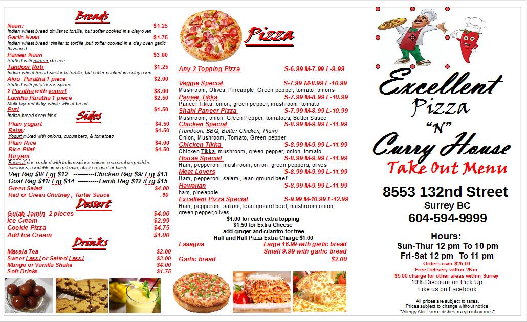 Excellent Pizza Menu