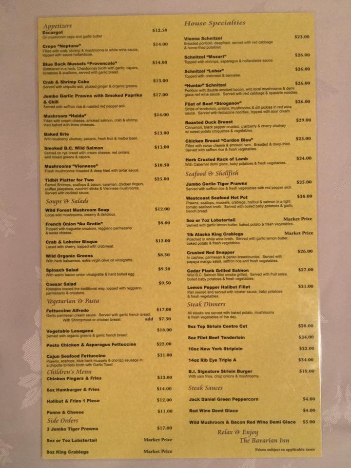 Bavarian Inn Menu