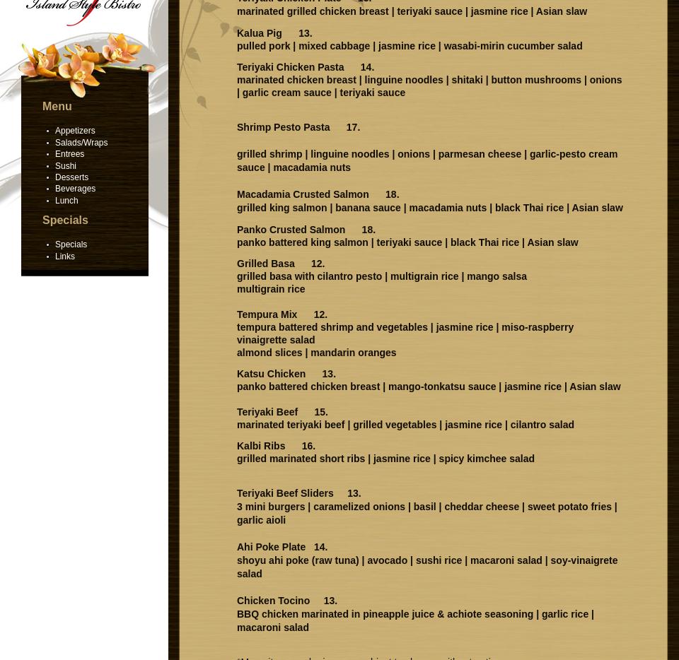 Ono's Cafe Sushi and Asian Fusion Cuisine Menu