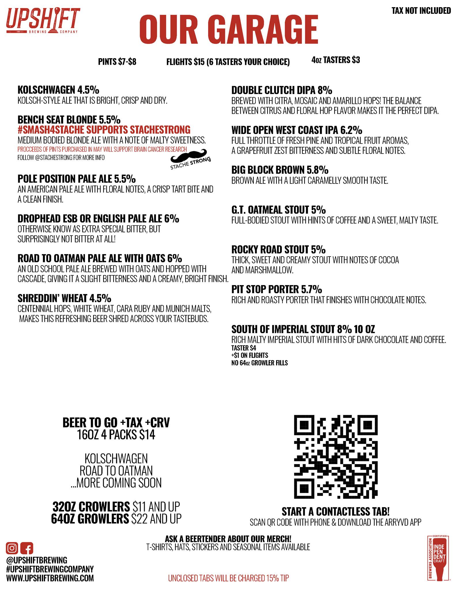 Upshift Brewing Company Menu