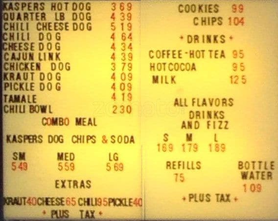 Kasper's Hot Dogs Menu
