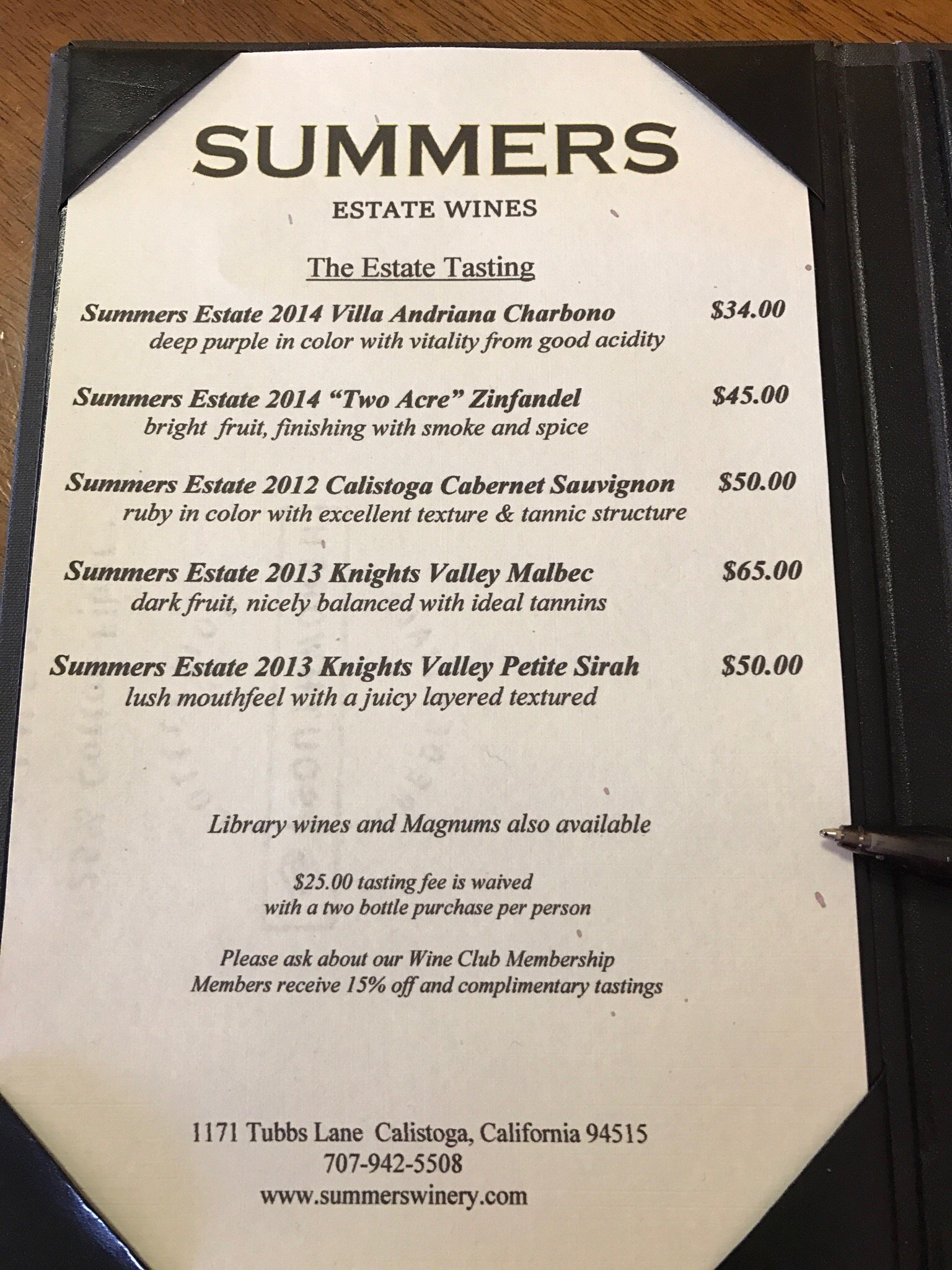 Summers Winery Menu