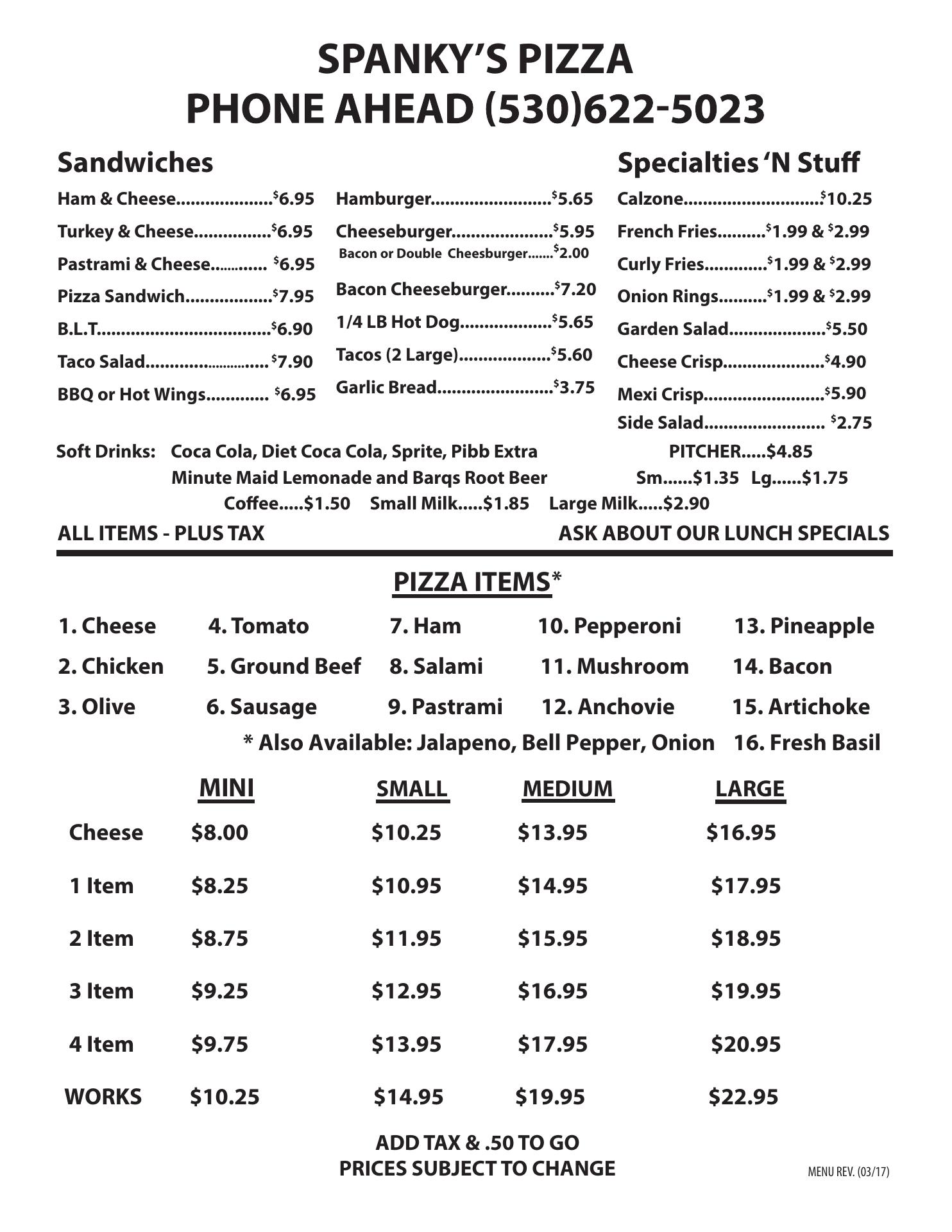Spanky's Pizza Menu