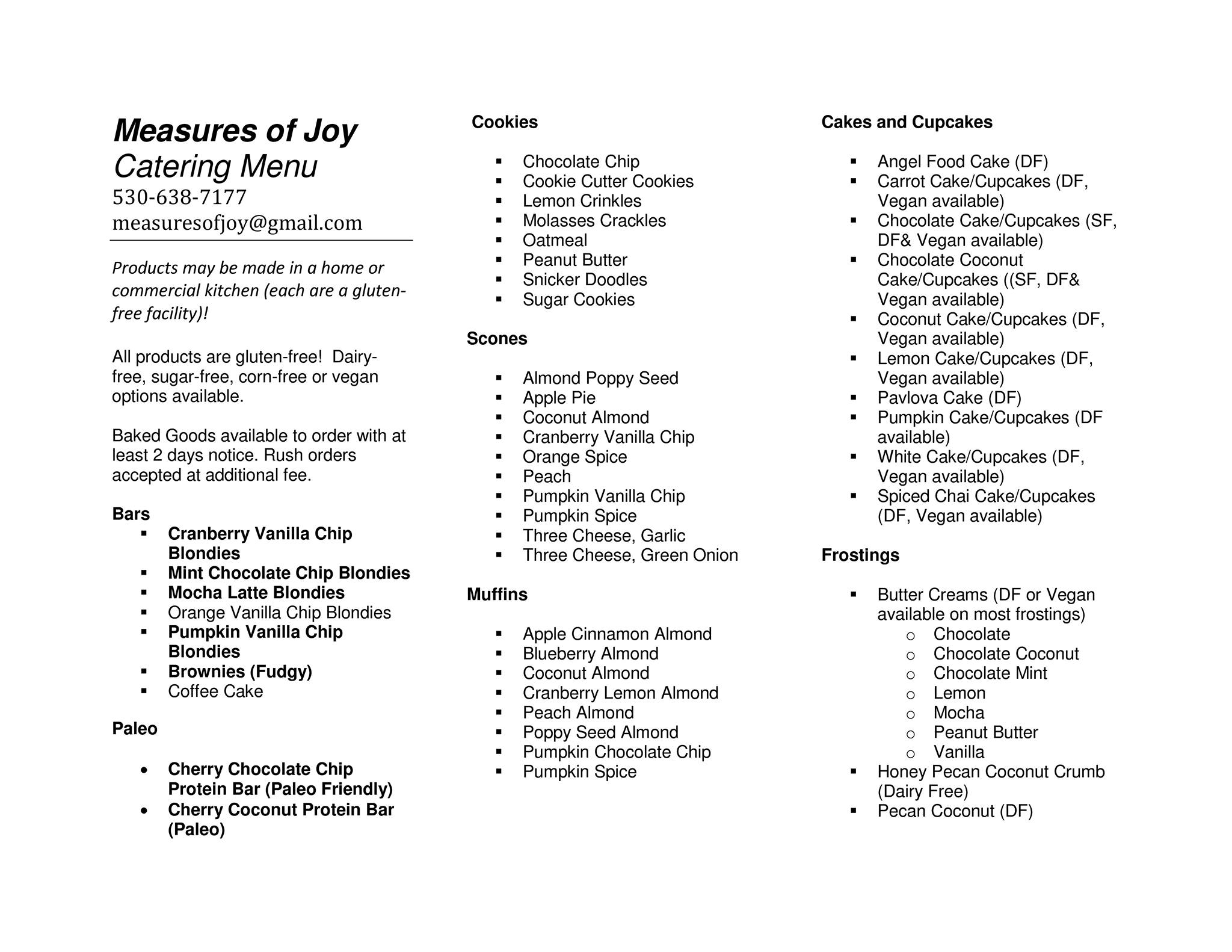 Measures of Joy Menu