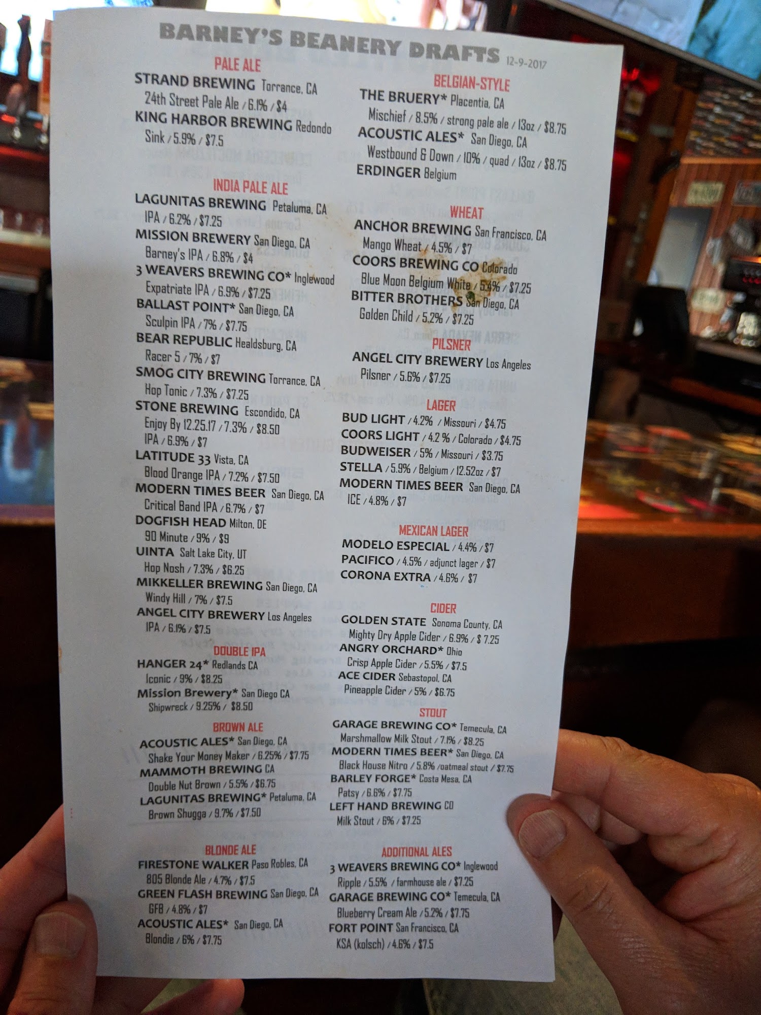Barney's Beanery Menu