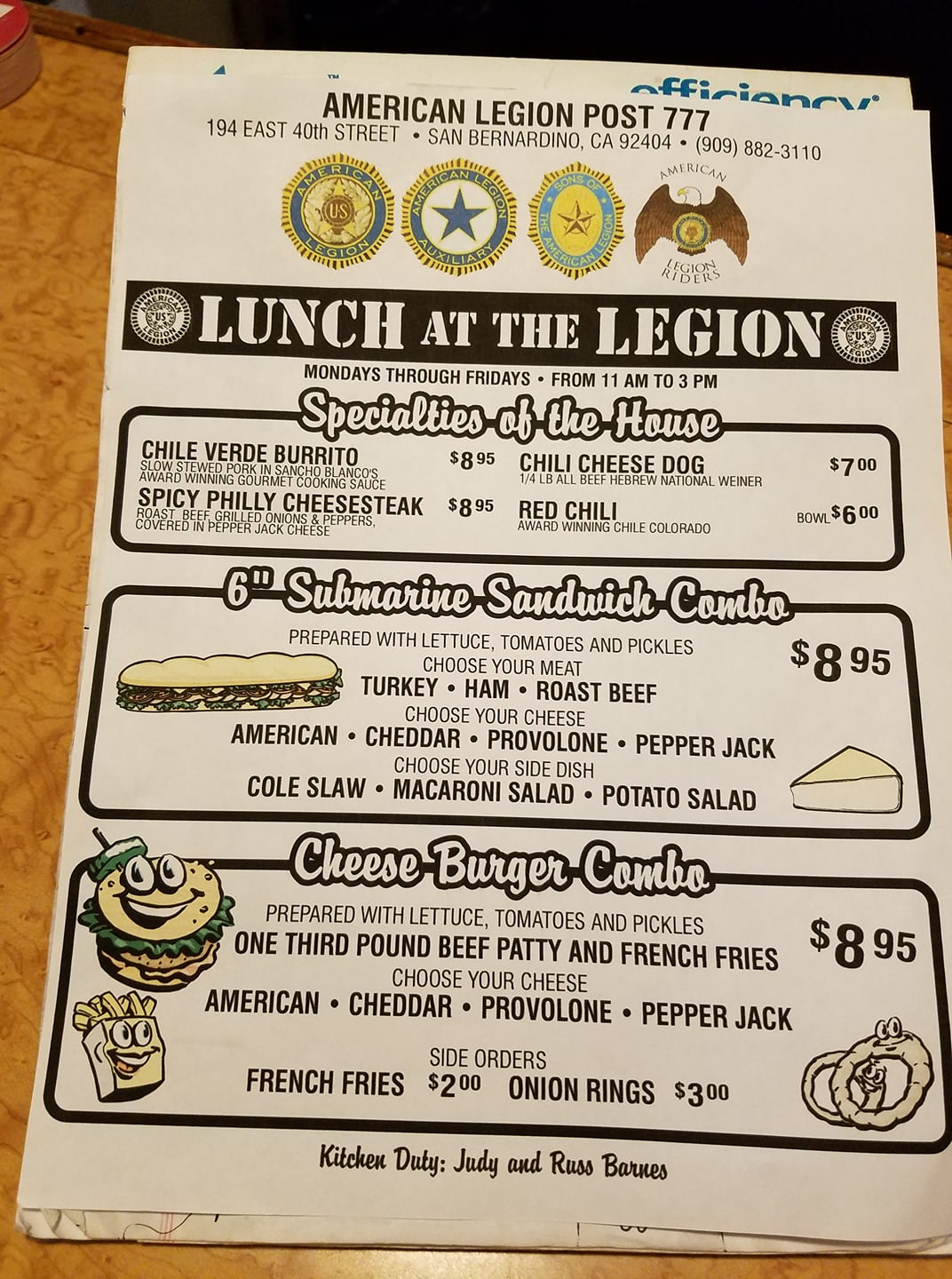 The Legion Bar Menu