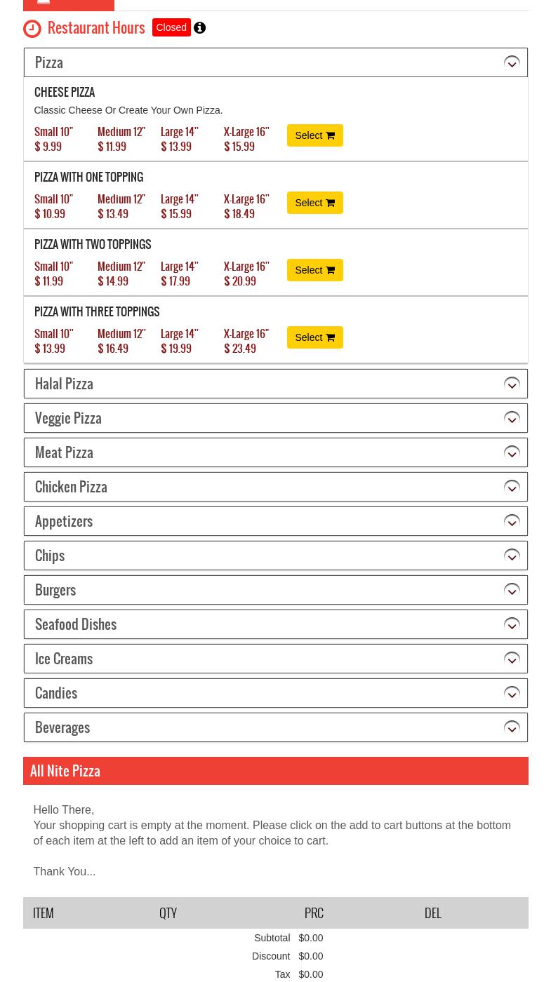 All Nite Pizza Menu