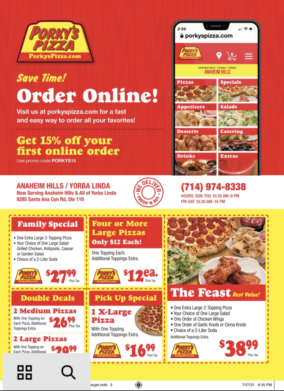 Porky's Pizza Menu