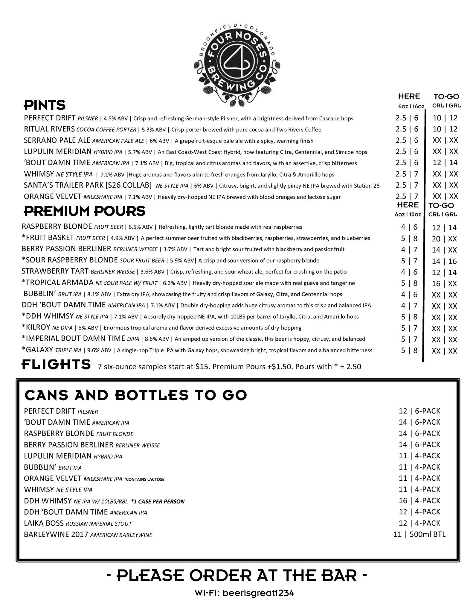 4 Noses Brewing Company Menu