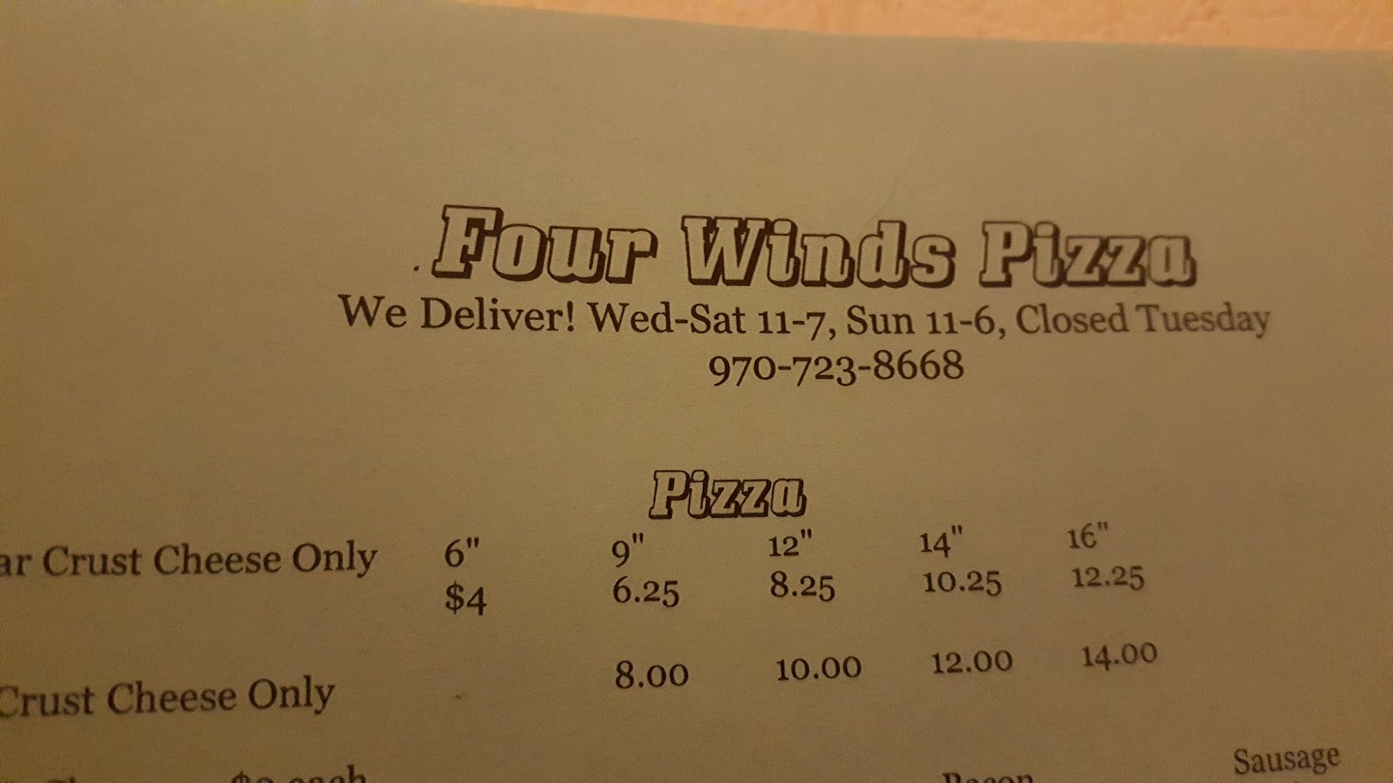 Four Winds Pizza Menu