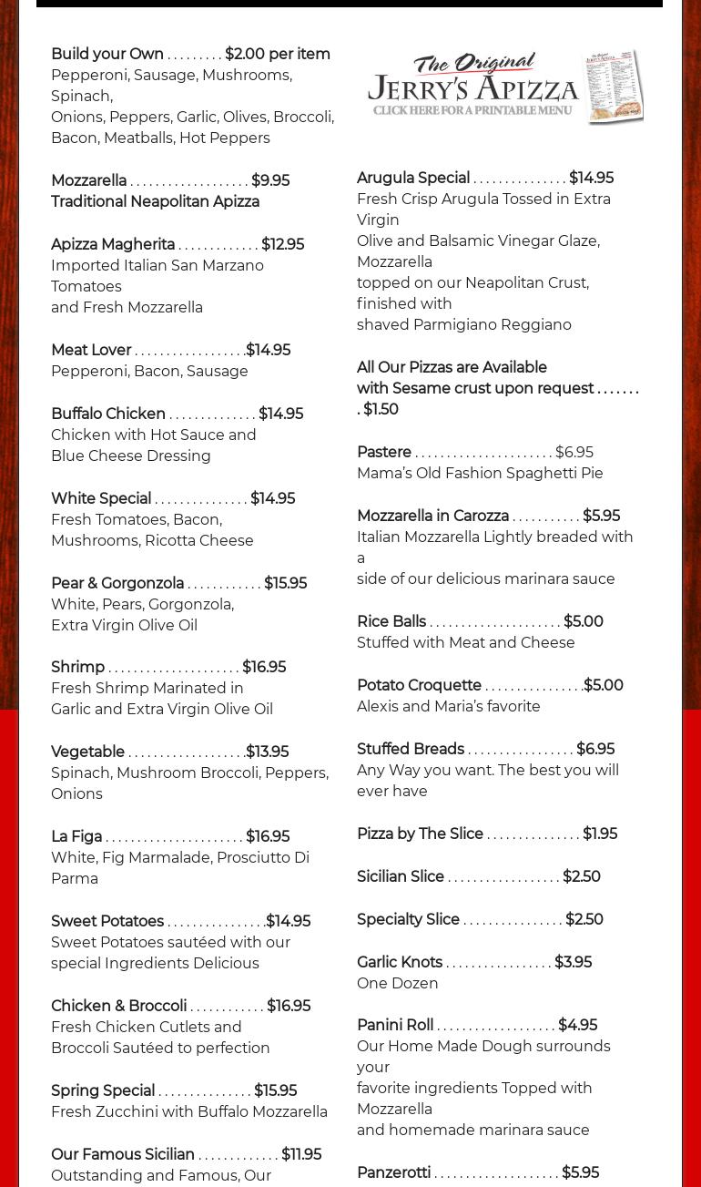 The Original Jerry's Apizza Menu
