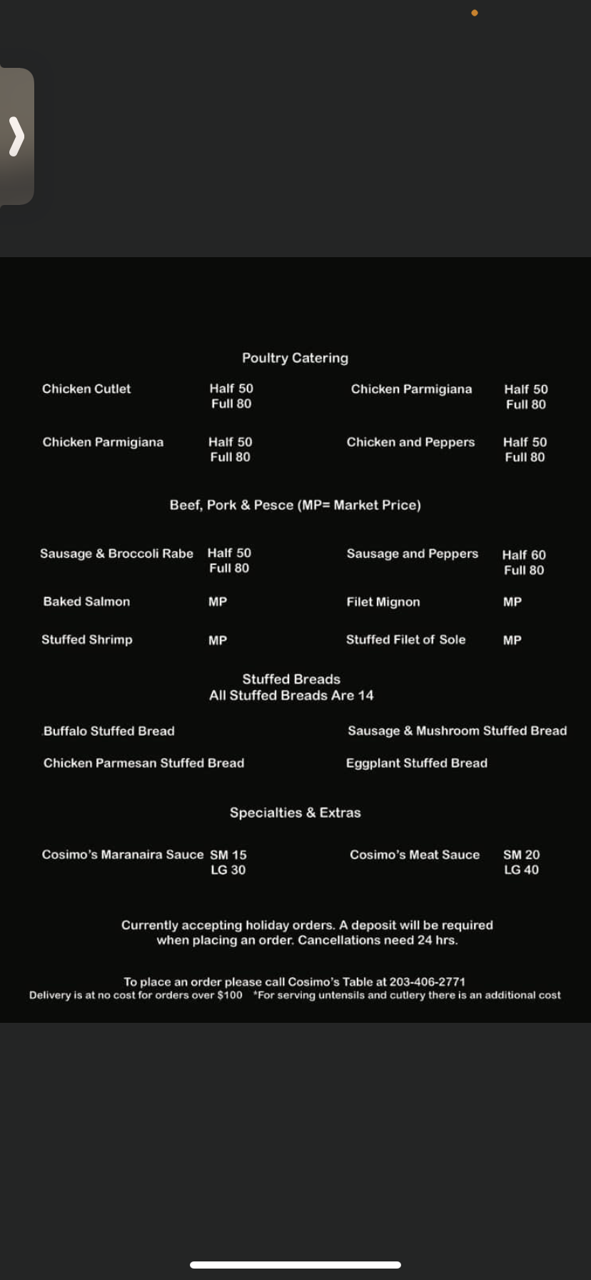 Cosimo’s Italian Catering Menu
