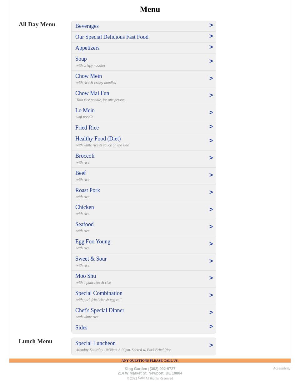 King Garden Menu
