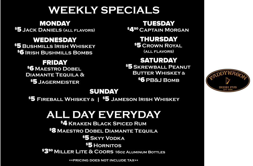 Paddy Wagon Irish Pub Menu