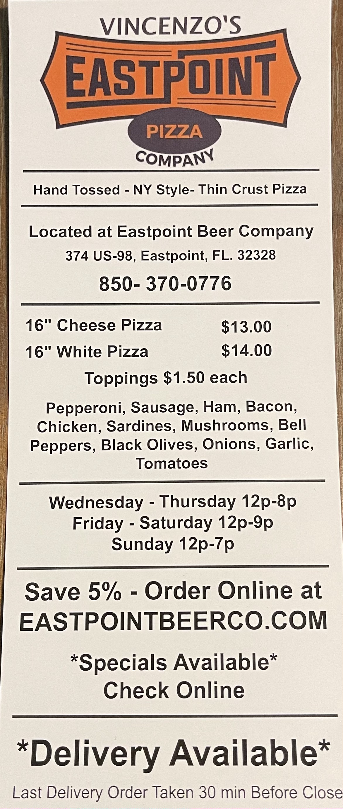 Eastpoint Beer Company Menu