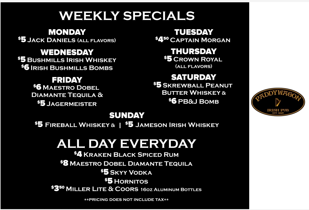 Paddy Wagon Irish Pub Menu