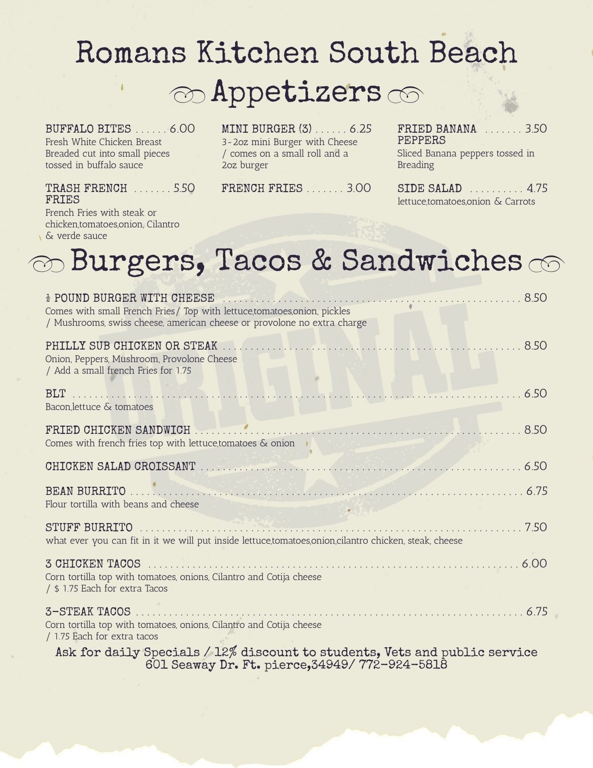 Roman's Kitchen South Beach Menu