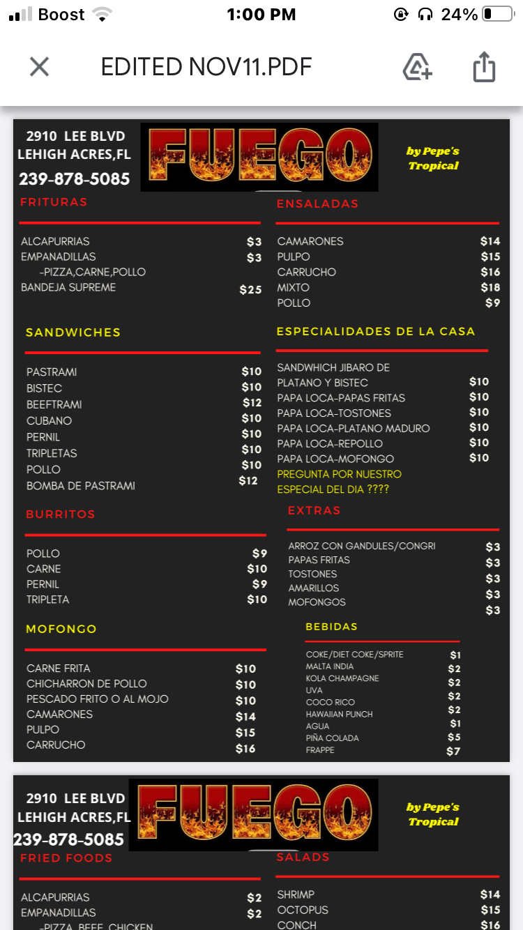 Fuego by Pepe’s Tropical Menu