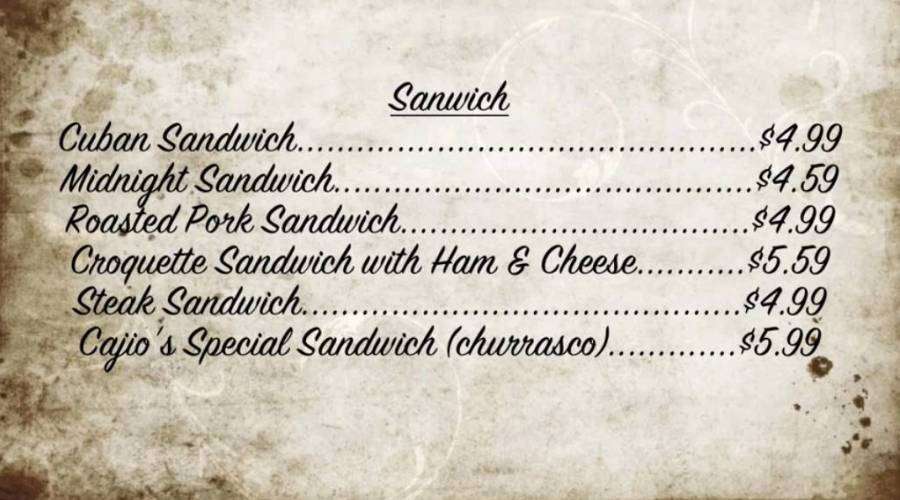 Cajio's Cuban Cuisine Menu