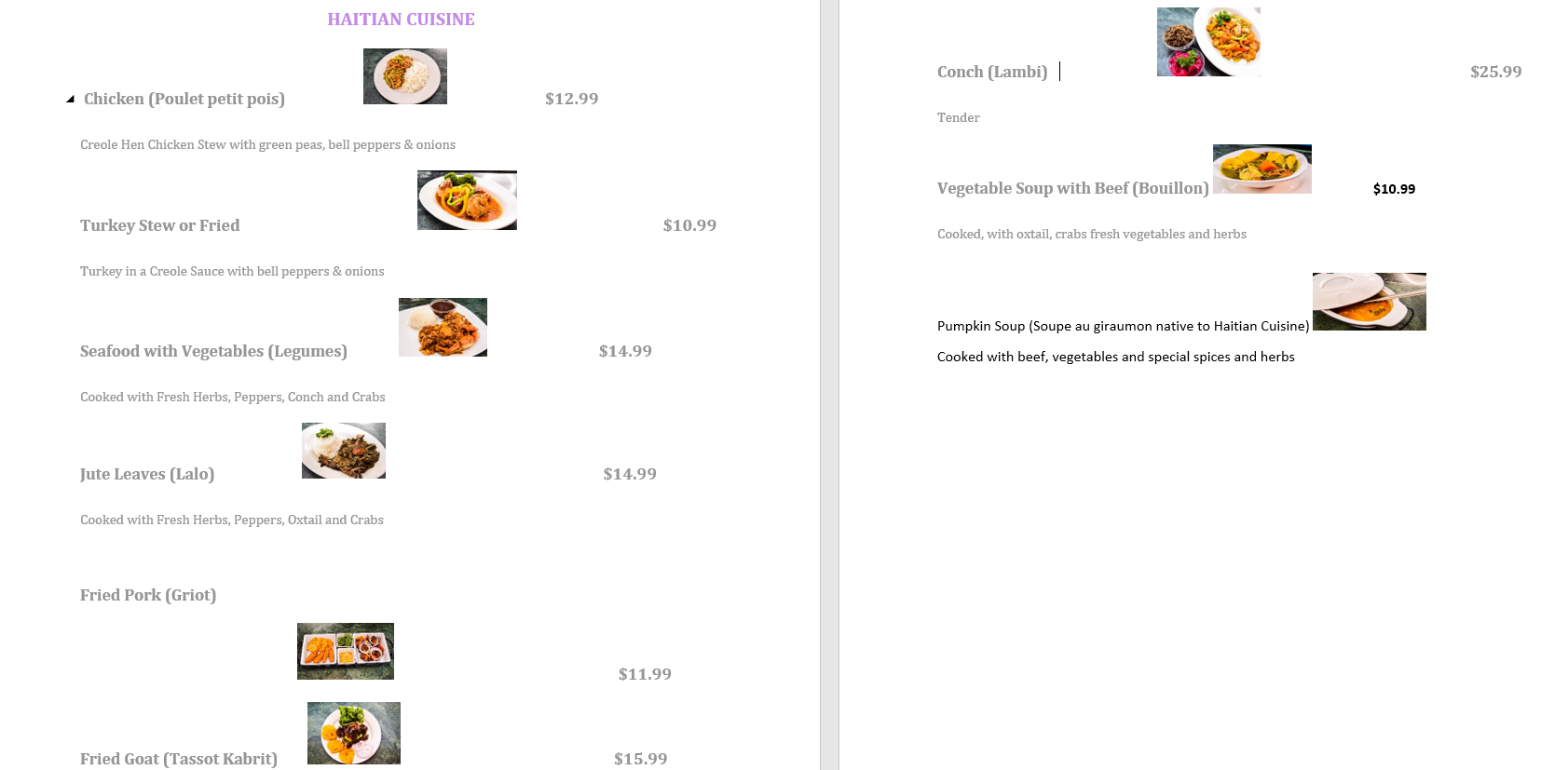 Marie Bella Chocolaterie Menu