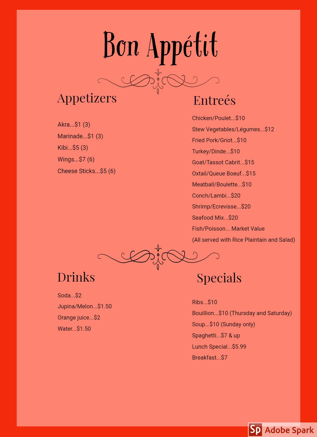 Bon Appetit Restaurant & 727 Lounge Menu
