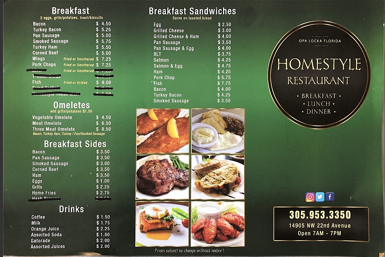 Home Style Restaurant Menu