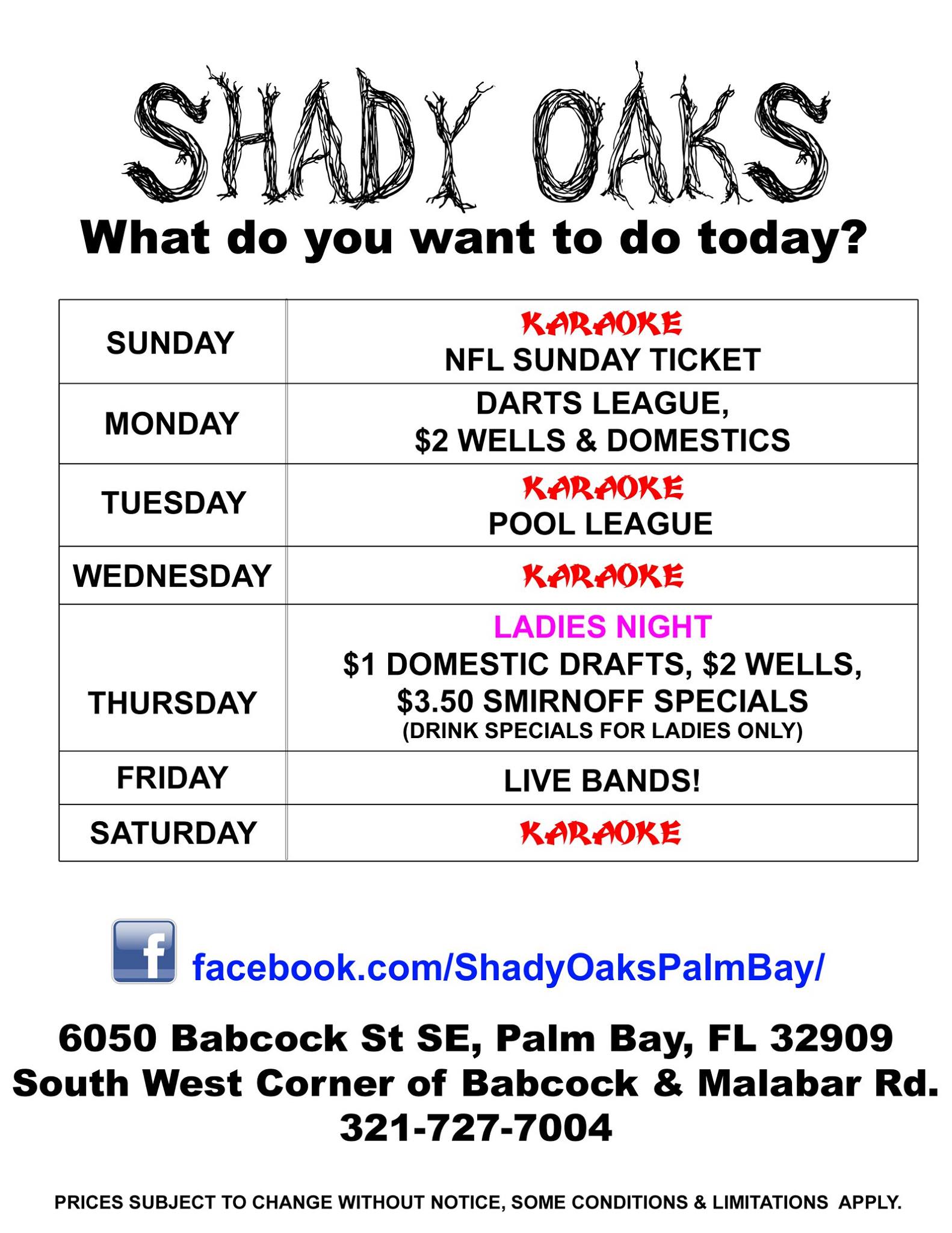 Shady Oaks Lounge & Package Menu