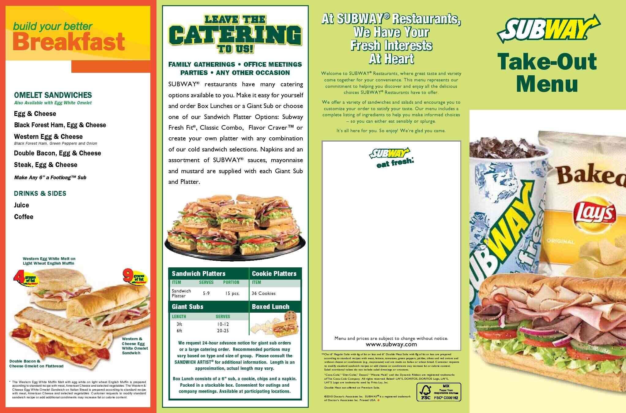 Subway on Pine Island North of 44th St Menu