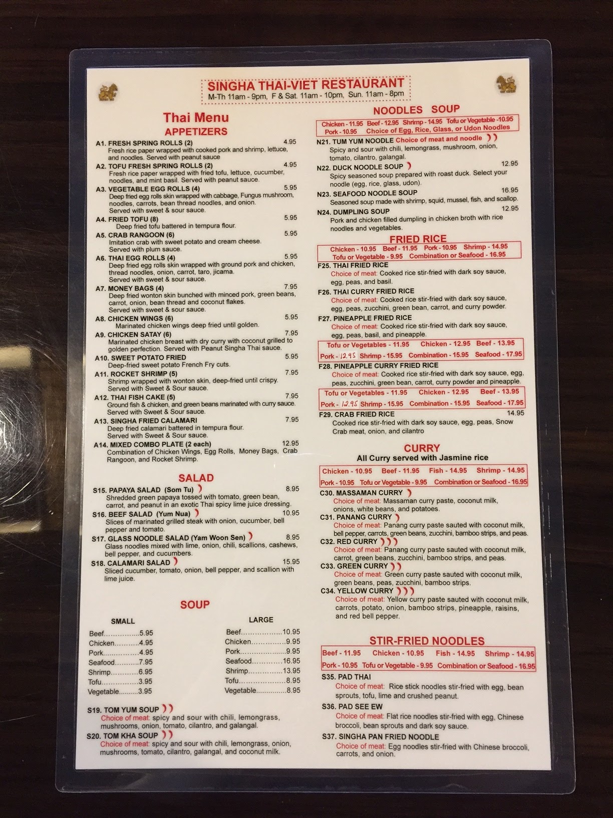 Singha Thai Viet Restaurant Menu