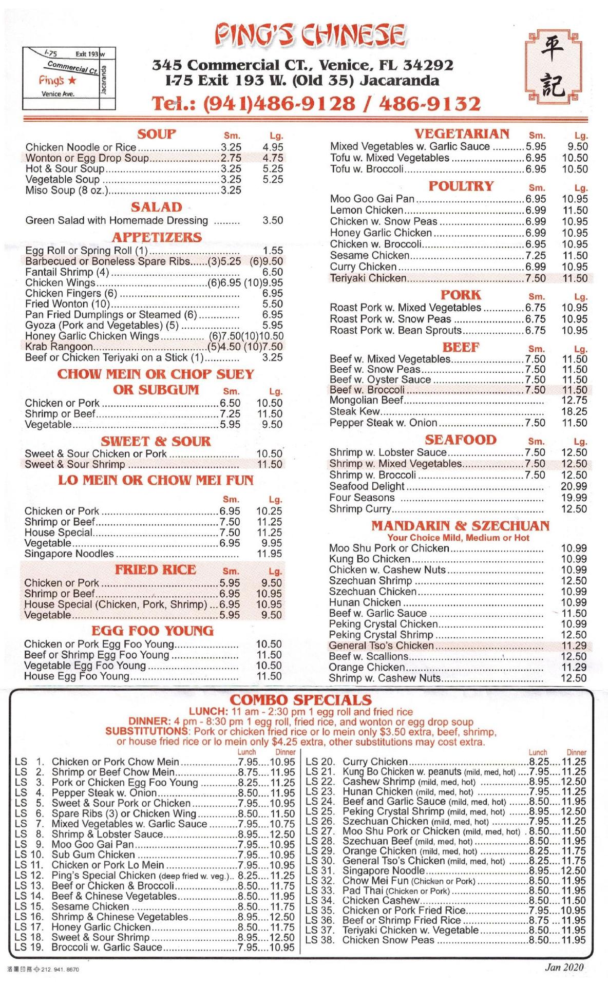 Ping's Chinese Menu