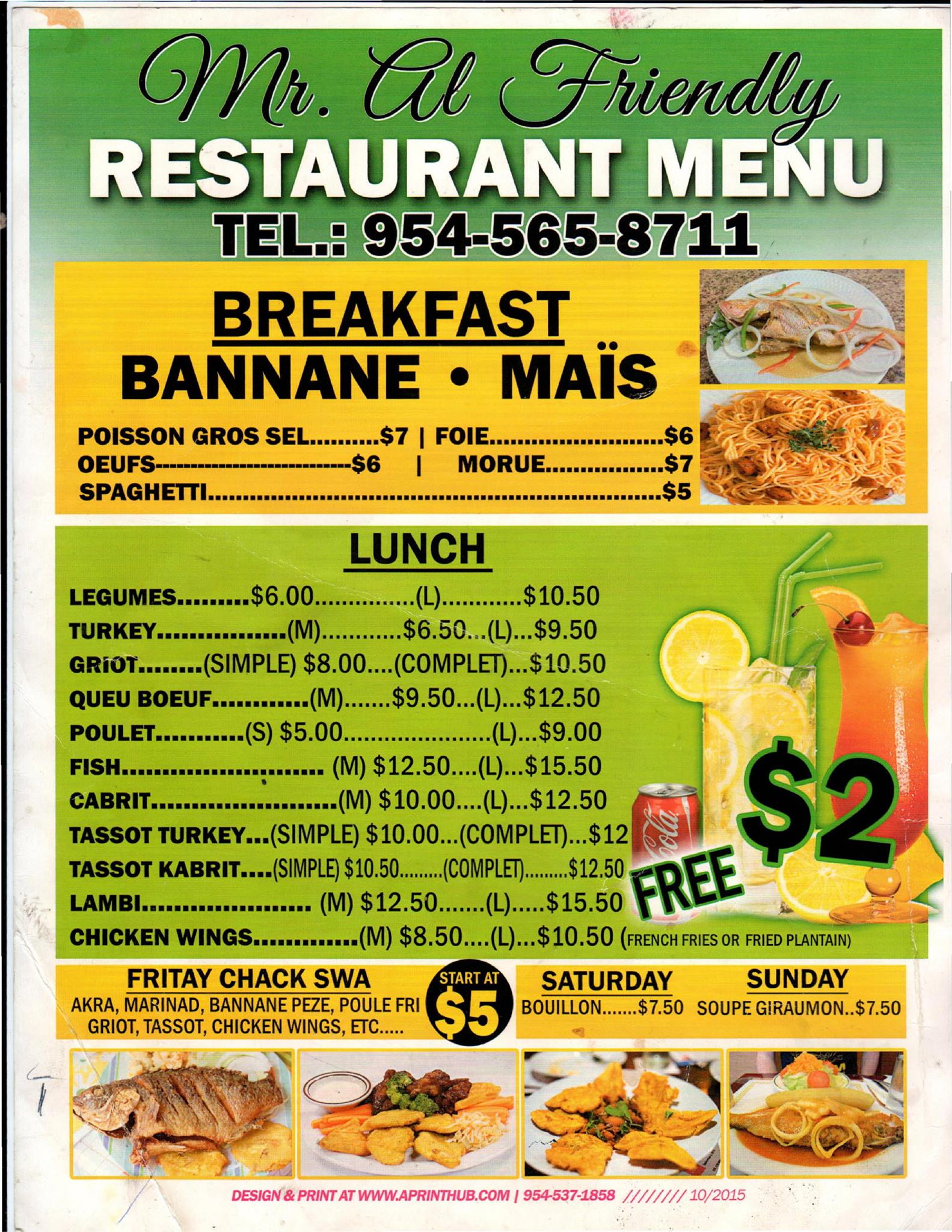 Friendly Restaurant Menu