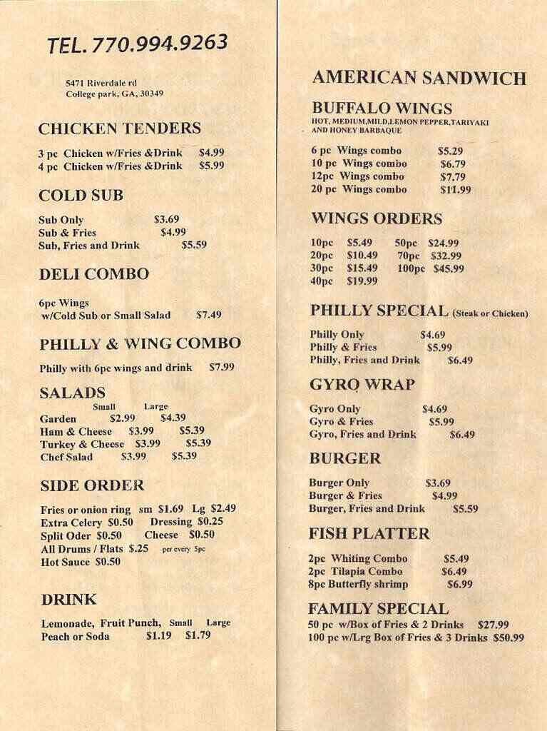 American Sandwich Menu