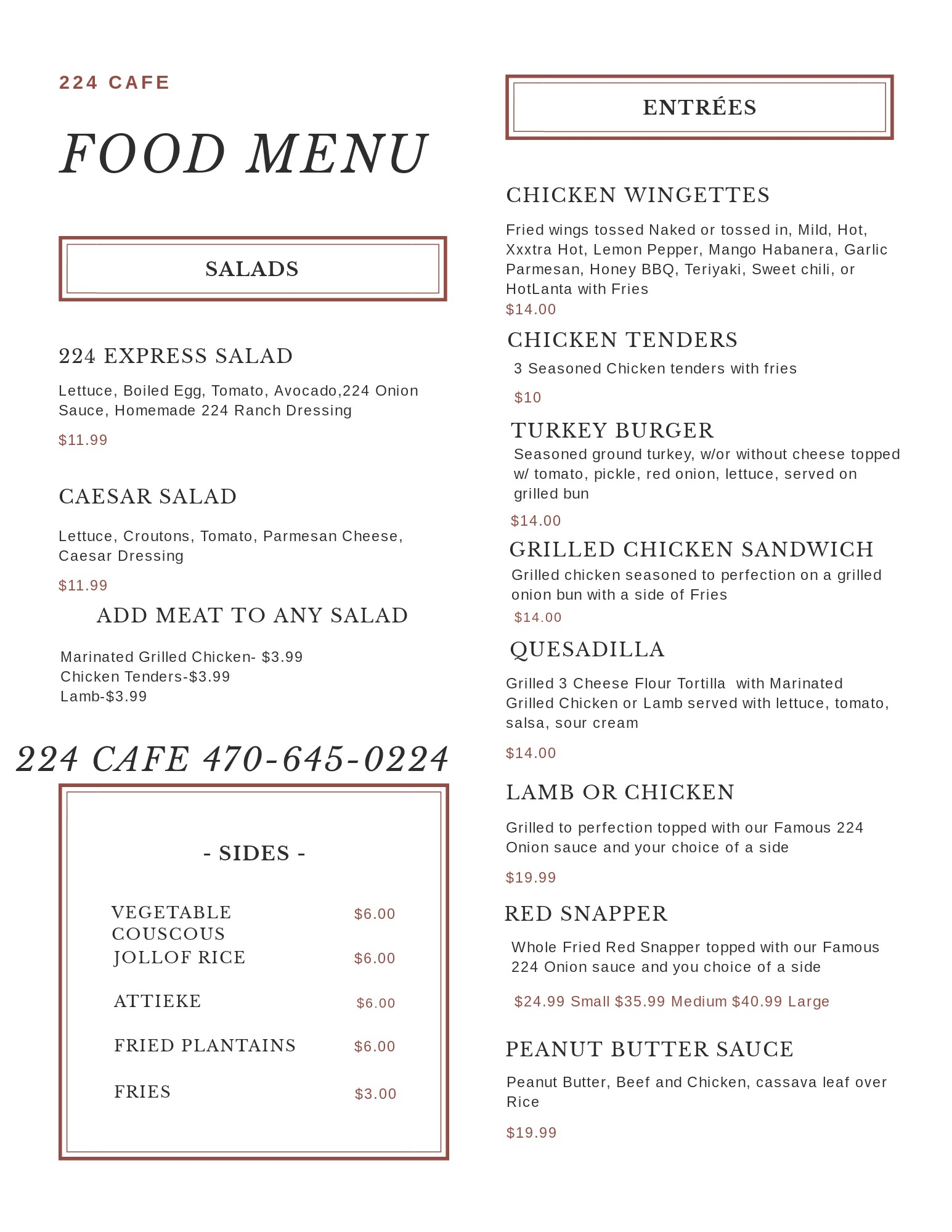 224 Cafe Menu