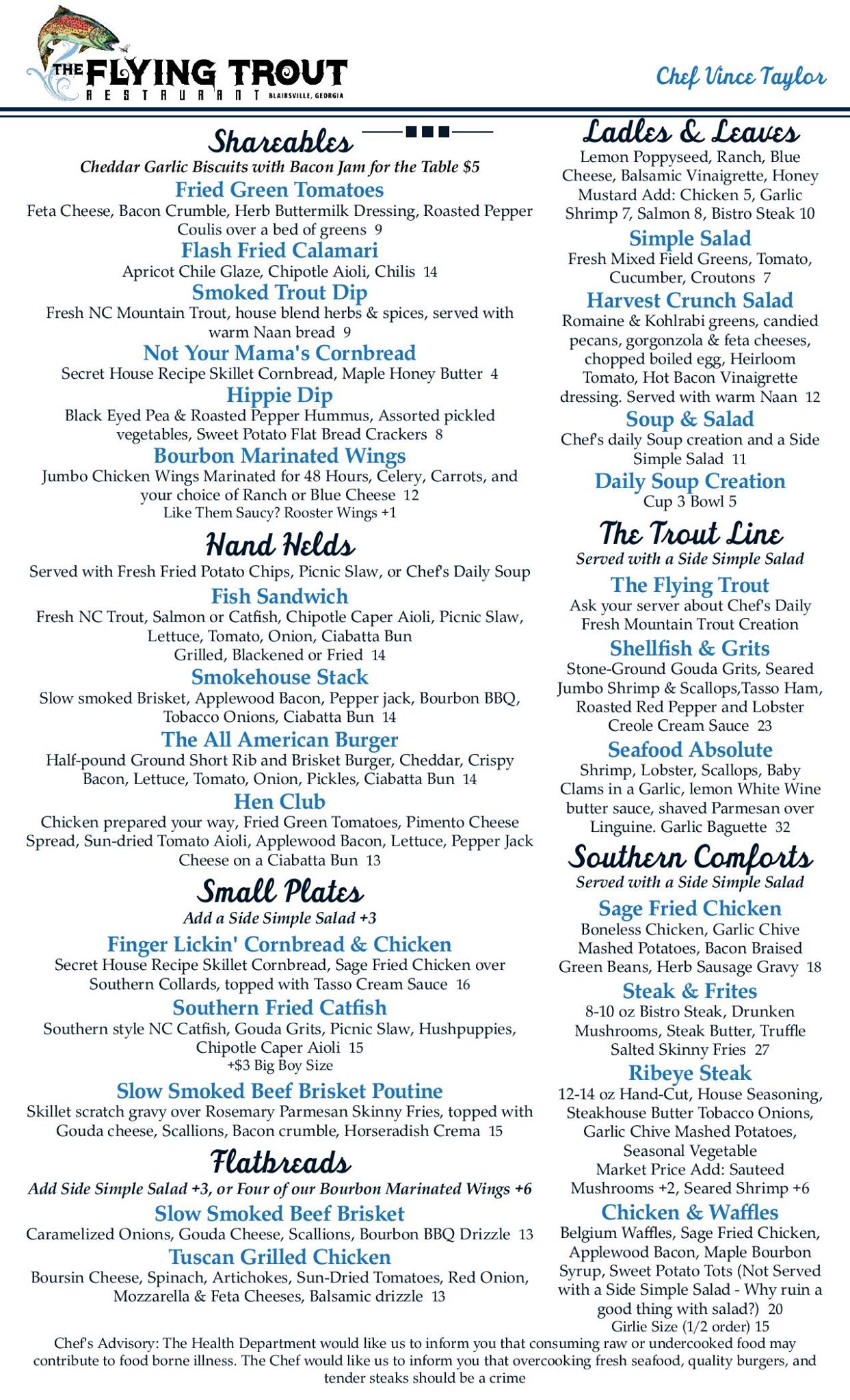Copperhead Lodge & Resort Menu