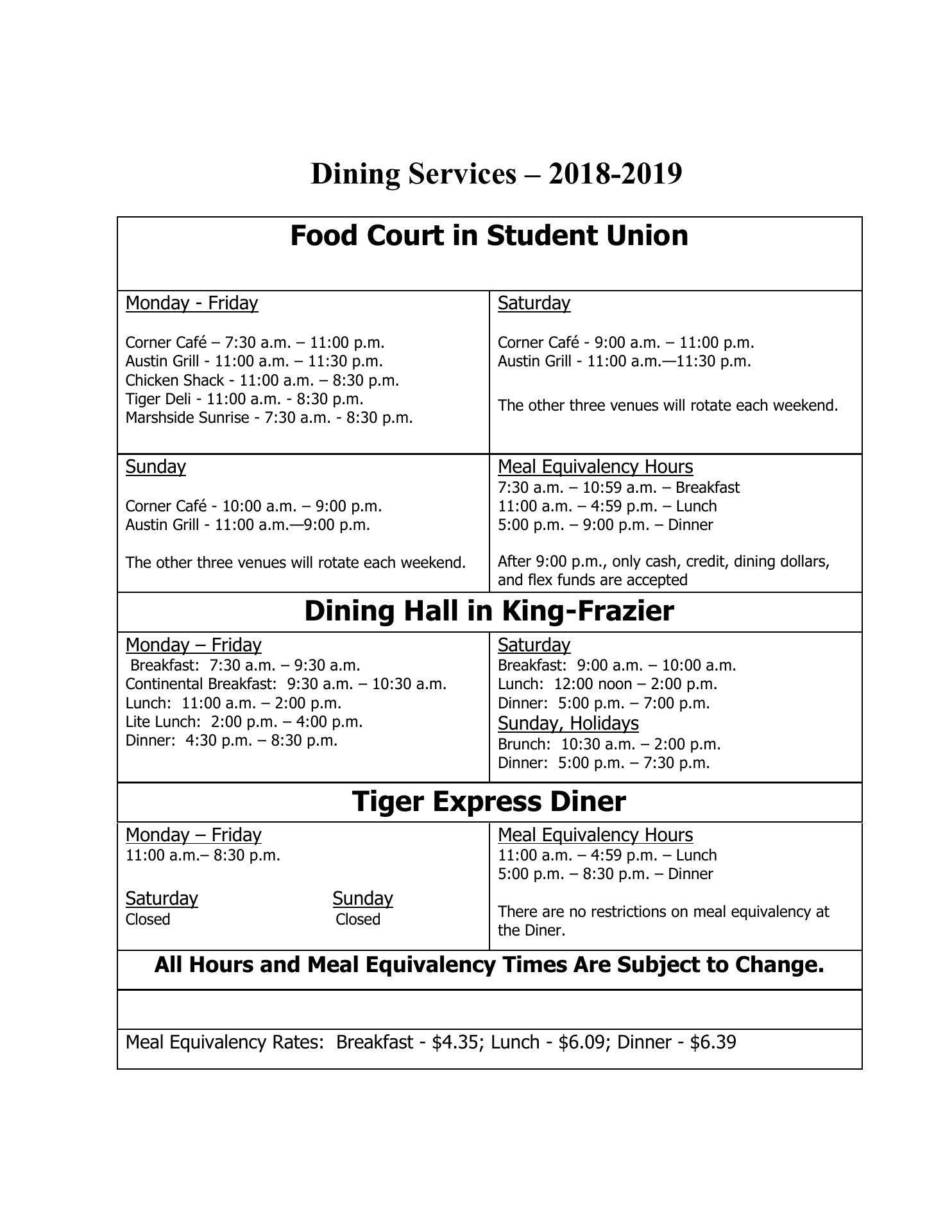 King Frazier Student Center Menu
