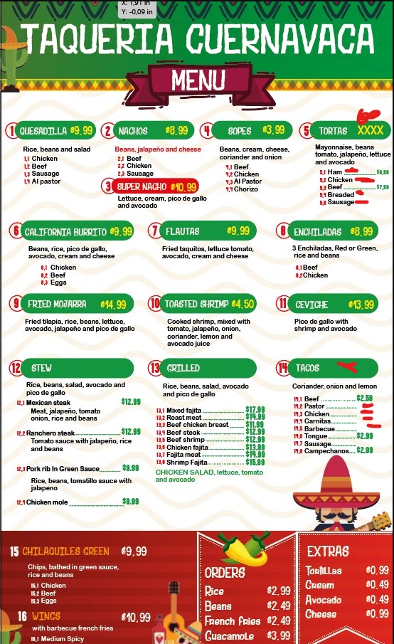 Taquería cuernavaca Menu