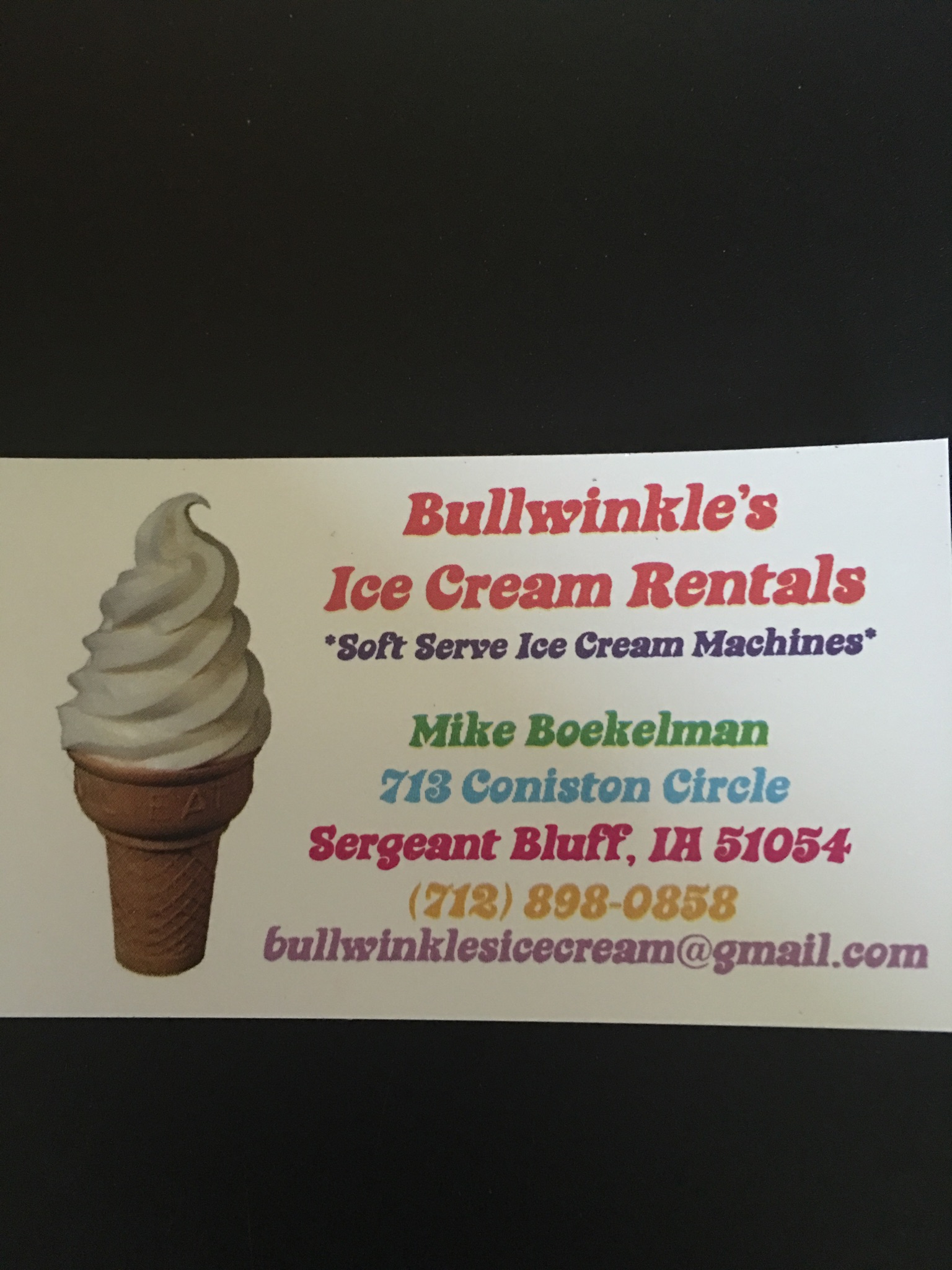 Bullwinkle's Ice Cream Rentals Menu