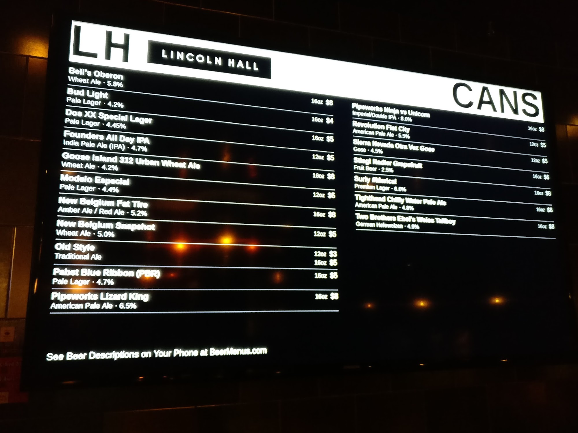 Lincoln Hall Menu